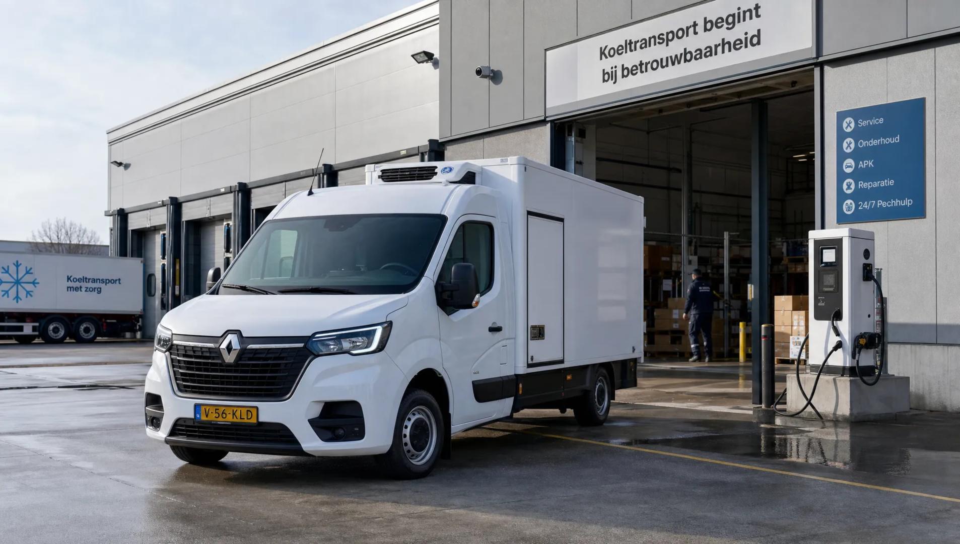 Een Renault Master koelwagen staat op een distributieterrein voor dagelijks gekoeld transport.