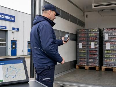 Chauffeur controleert de temperatuur naast een koelbestelwagen met kratten klaar voor vertrek.