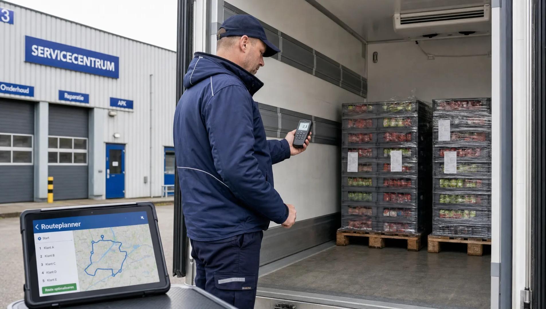 Chauffeur controleert de temperatuur naast een koelbestelwagen met kratten klaar voor vertrek.