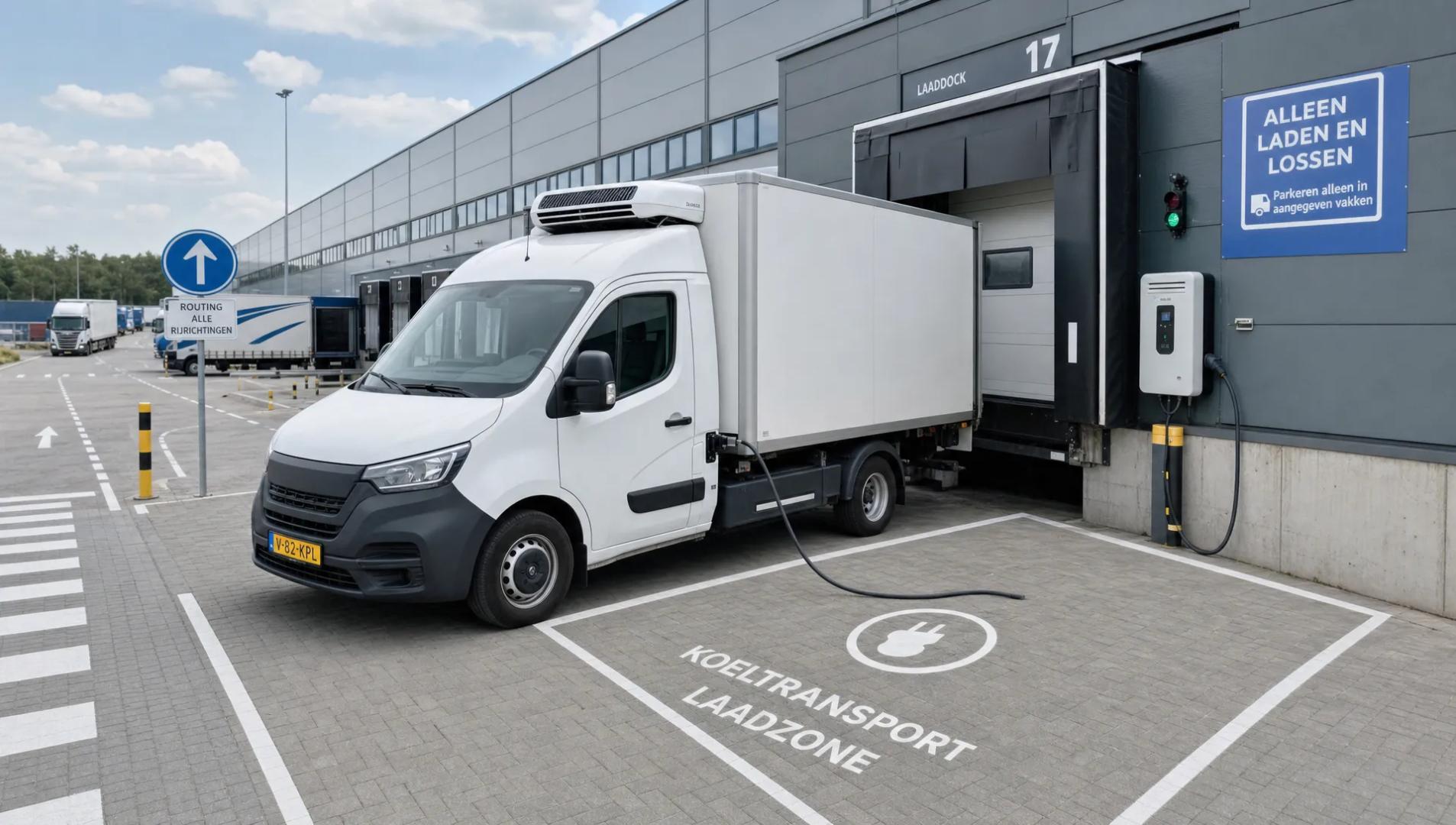 Een koelbestelwagen staat klaar bij een distributiecentrum met laadpunt en laadzone voor gekoeld transport.