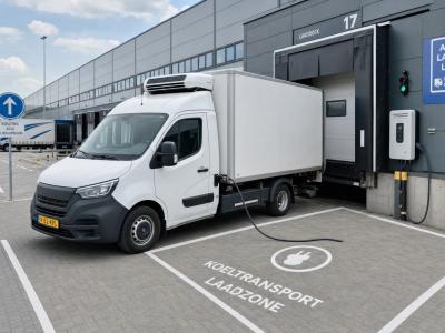 Een koelbestelwagen staat klaar bij een distributiecentrum met laadpunt en laadzone voor gekoeld transport.