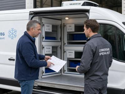 Een fleetmanager en specialist bespreken koelombouw en temperatuurkeuze naast een geopende bestelwagen.