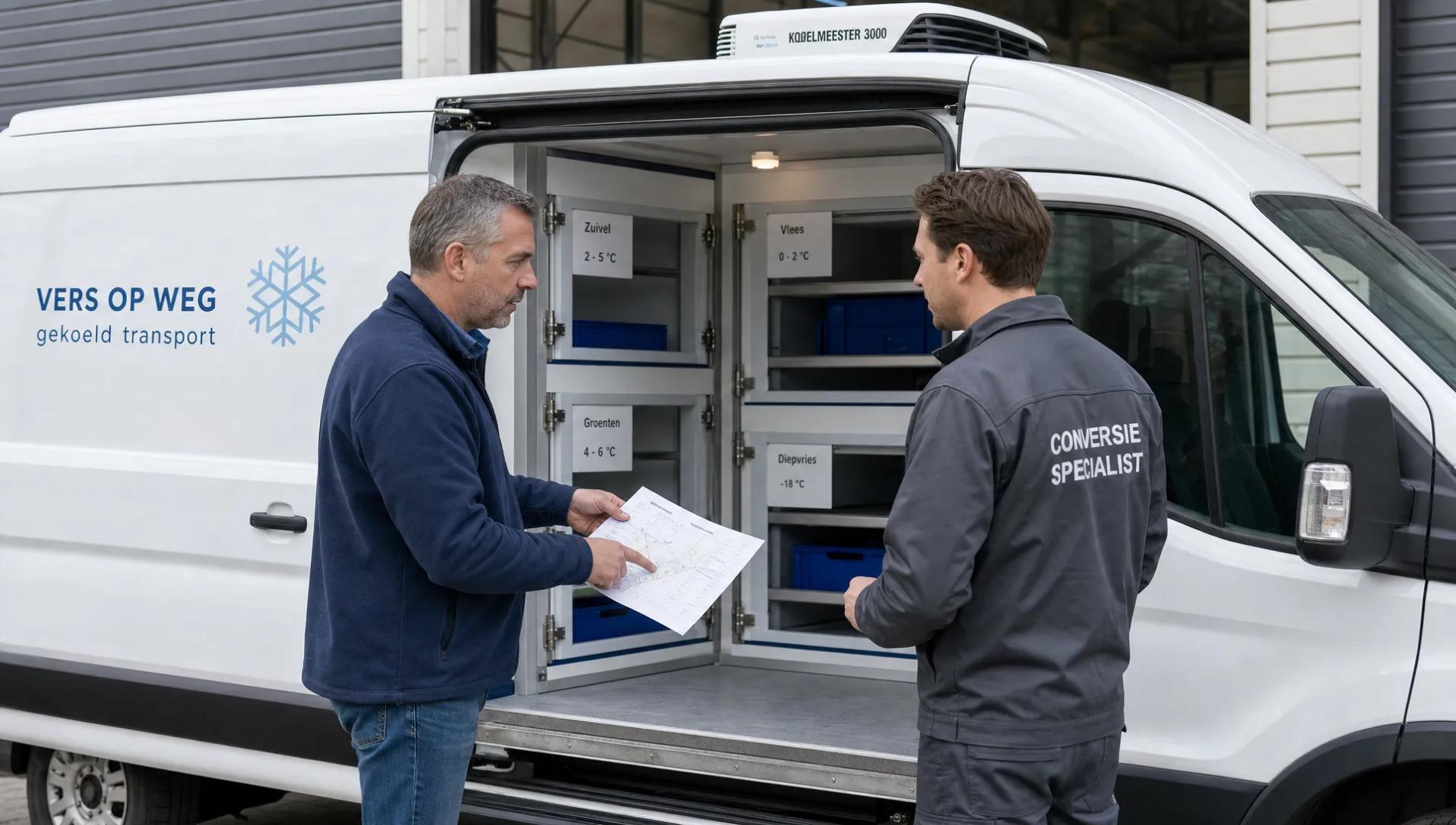 Een fleetmanager en specialist bespreken koelombouw en temperatuurkeuze naast een geopende bestelwagen.