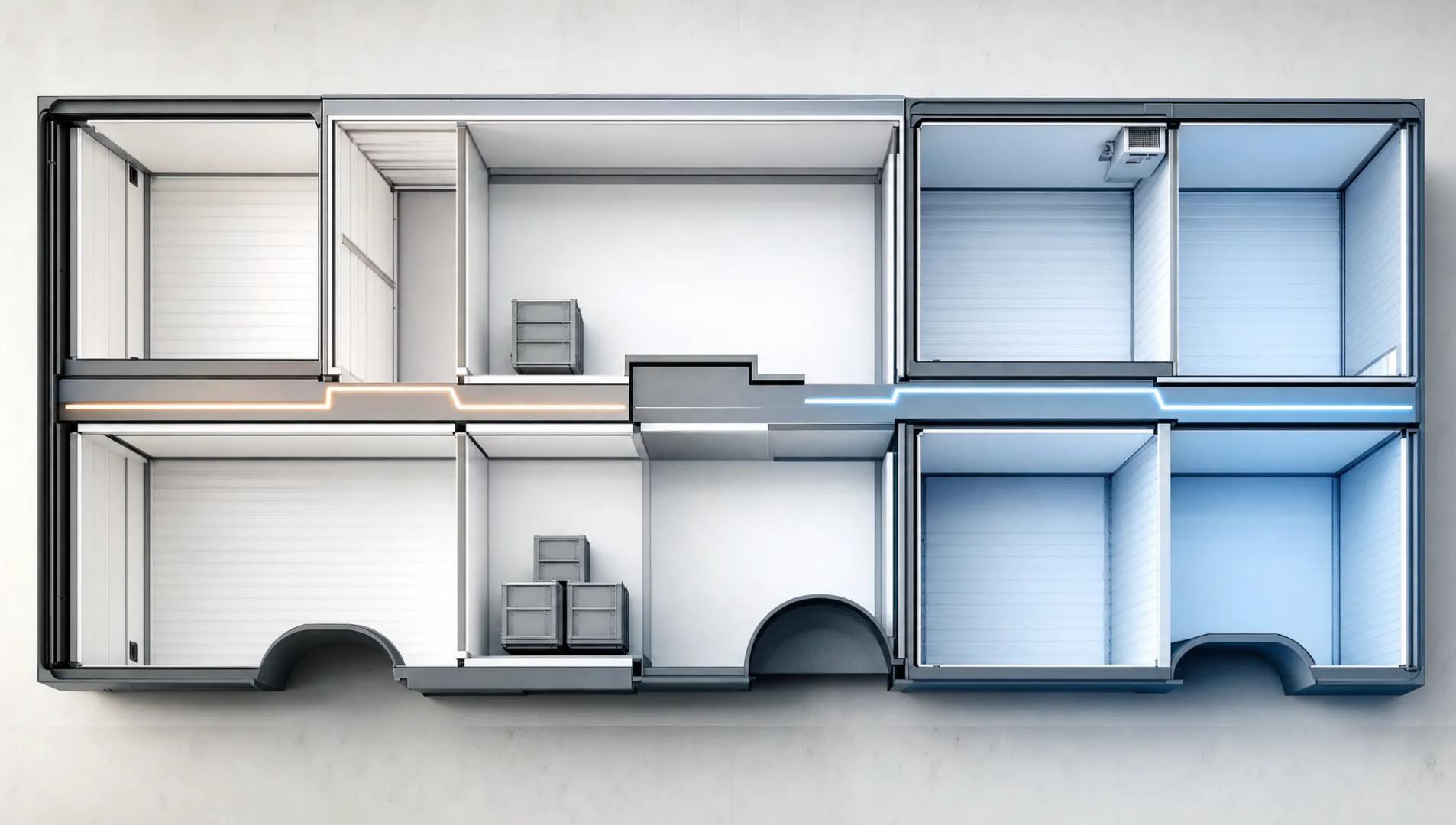 Abstracte vormen verbeelden de ruimteplanning achter koelombouw van een bestelbus.
