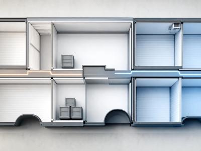 Abstracte vormen verbeelden de ruimteplanning achter koelombouw van een bestelbus.