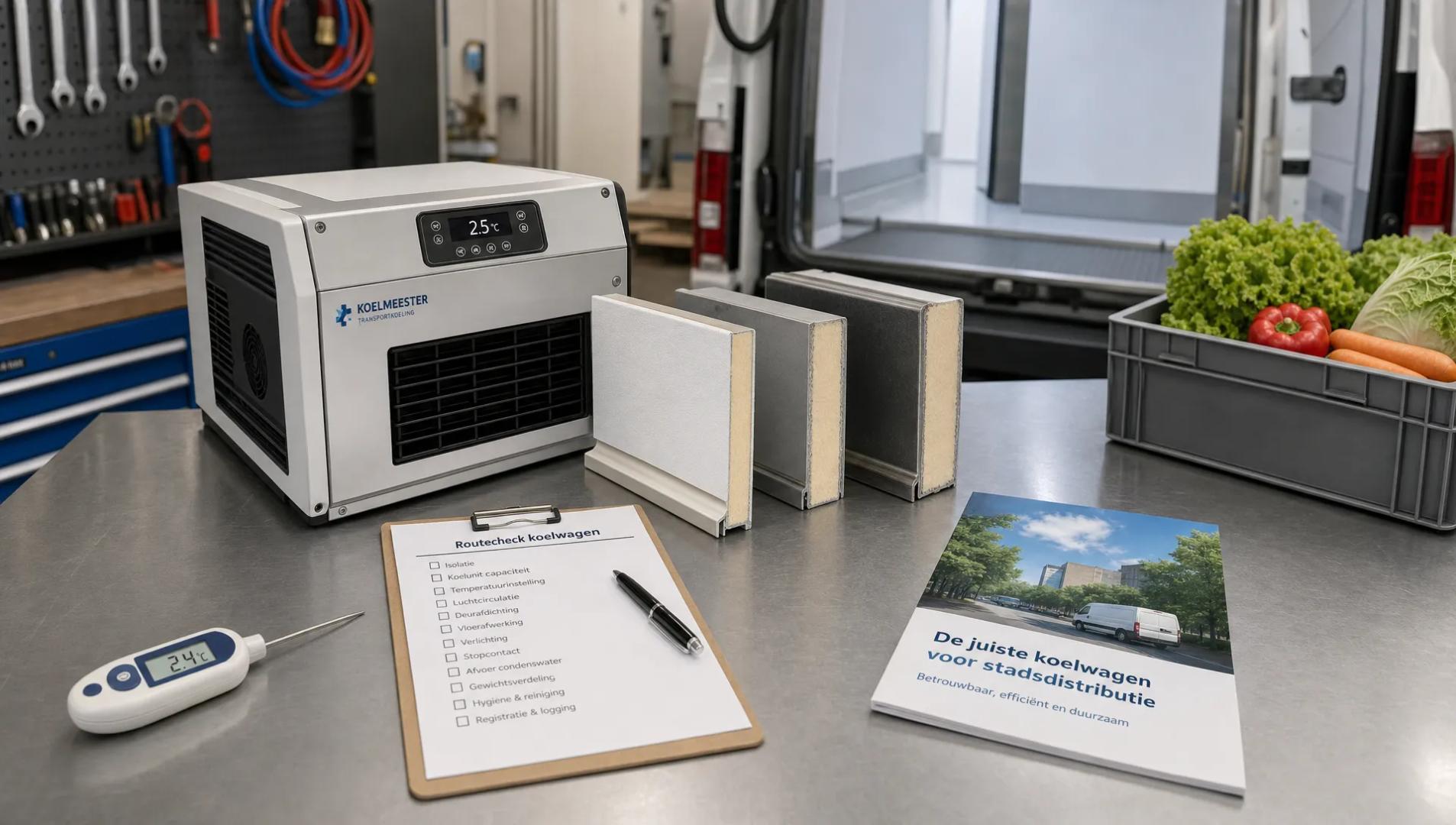 Koelpanelen, een temperatuurregelunit en een routechecklist laten zien hoe een koelwagen voor stadsdistributie wordt samengesteld.