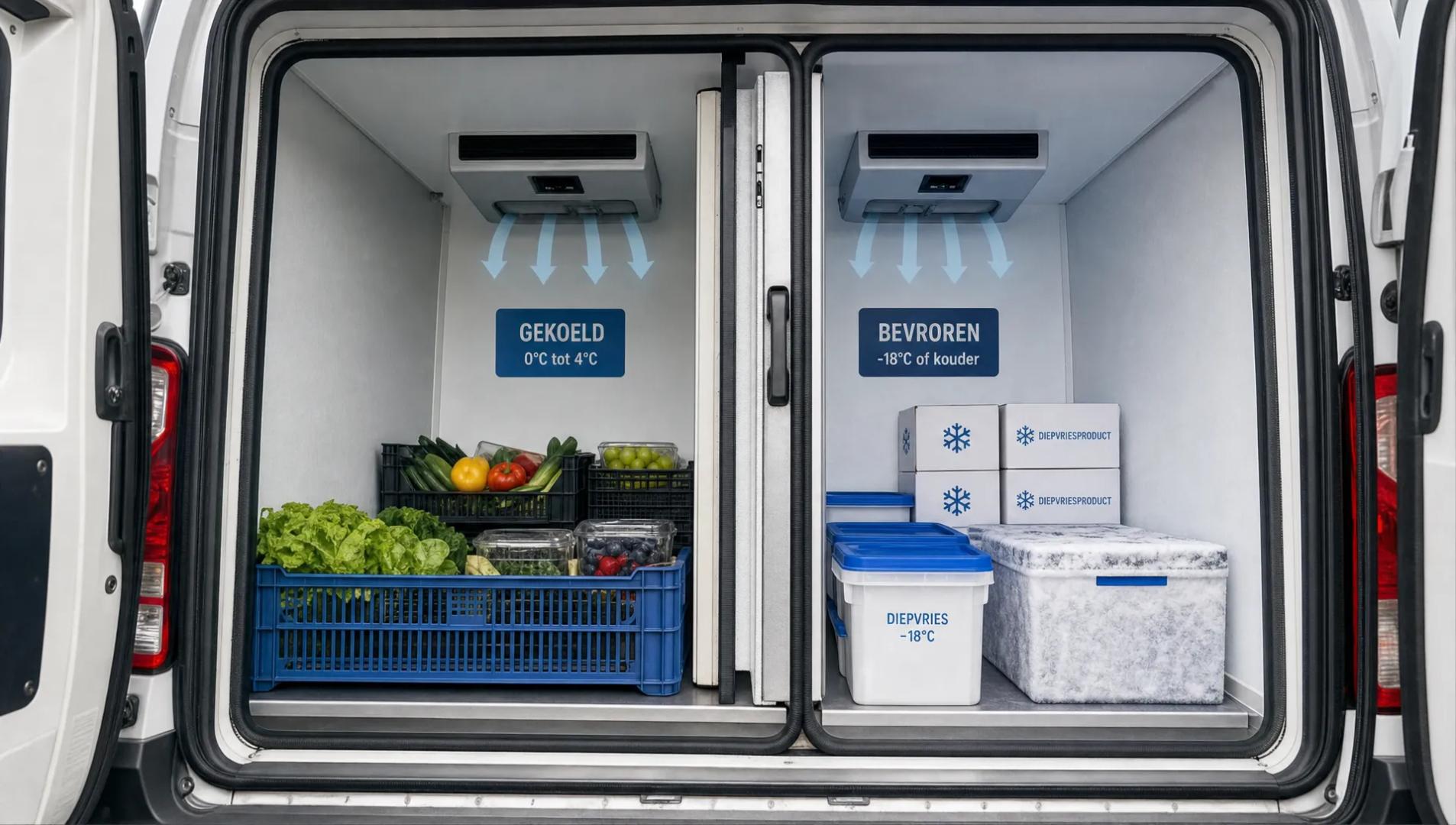 Een multitemp koelwagen met gescheiden vakken voor gekoelde en diepvriesproducten in de laadruimte.