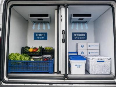 Een multitemp koelwagen met gescheiden vakken voor gekoelde en diepvriesproducten in de laadruimte.