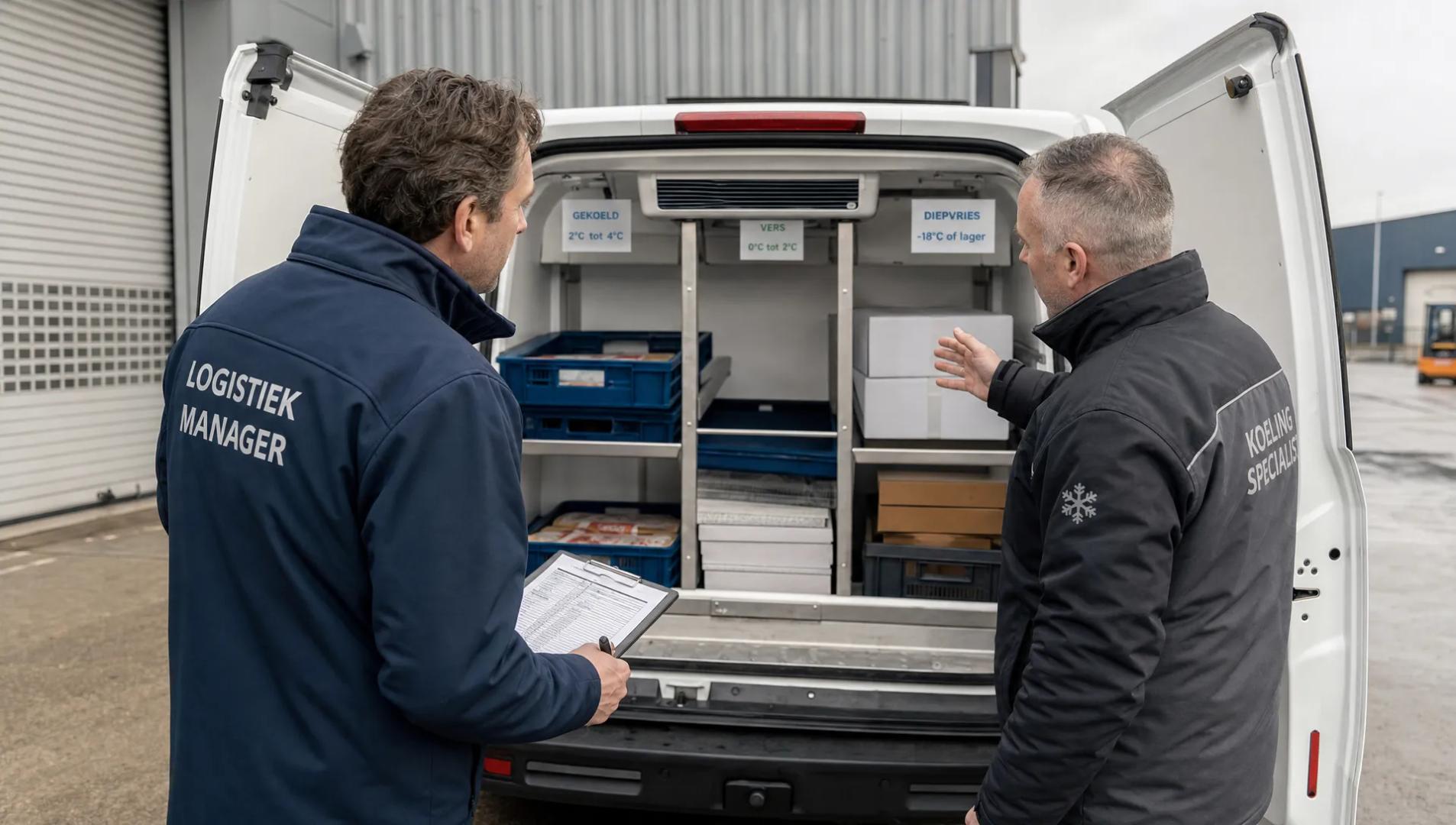 Een logistiek manager en een specialist bespreken een koelbestelwagen met open laadruimte en verdeelde opslagvakken.