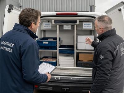 Een logistiek manager en een specialist bespreken een koelbestelwagen met open laadruimte en verdeelde opslagvakken.