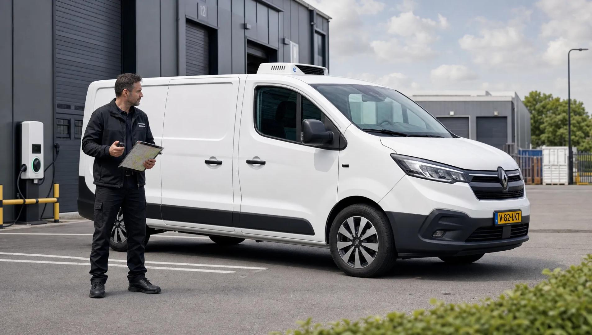 Een brede buitenopname van een moderne koelbestelwagen in profiel op een industrieterrein, met de laaddeuren gesloten en de nadruk op de compacte, praktische opbouw voor koelombouw. Op de voorgrond staat een chauffeur naast de wagen met een sleutel in de hand en een routekaart op een clipboard, terwijl op de achtergrond een laadpunt en enkele magazijnunits zichtbaar zijn. Het beeld laat zien hoe een bedrijfswagen automaat, elektrische aandrijving en koeltransport samenkomen in dagelijks gebruik, zonder werkplaatssfeer of open laadruimte als hoofdmotief.