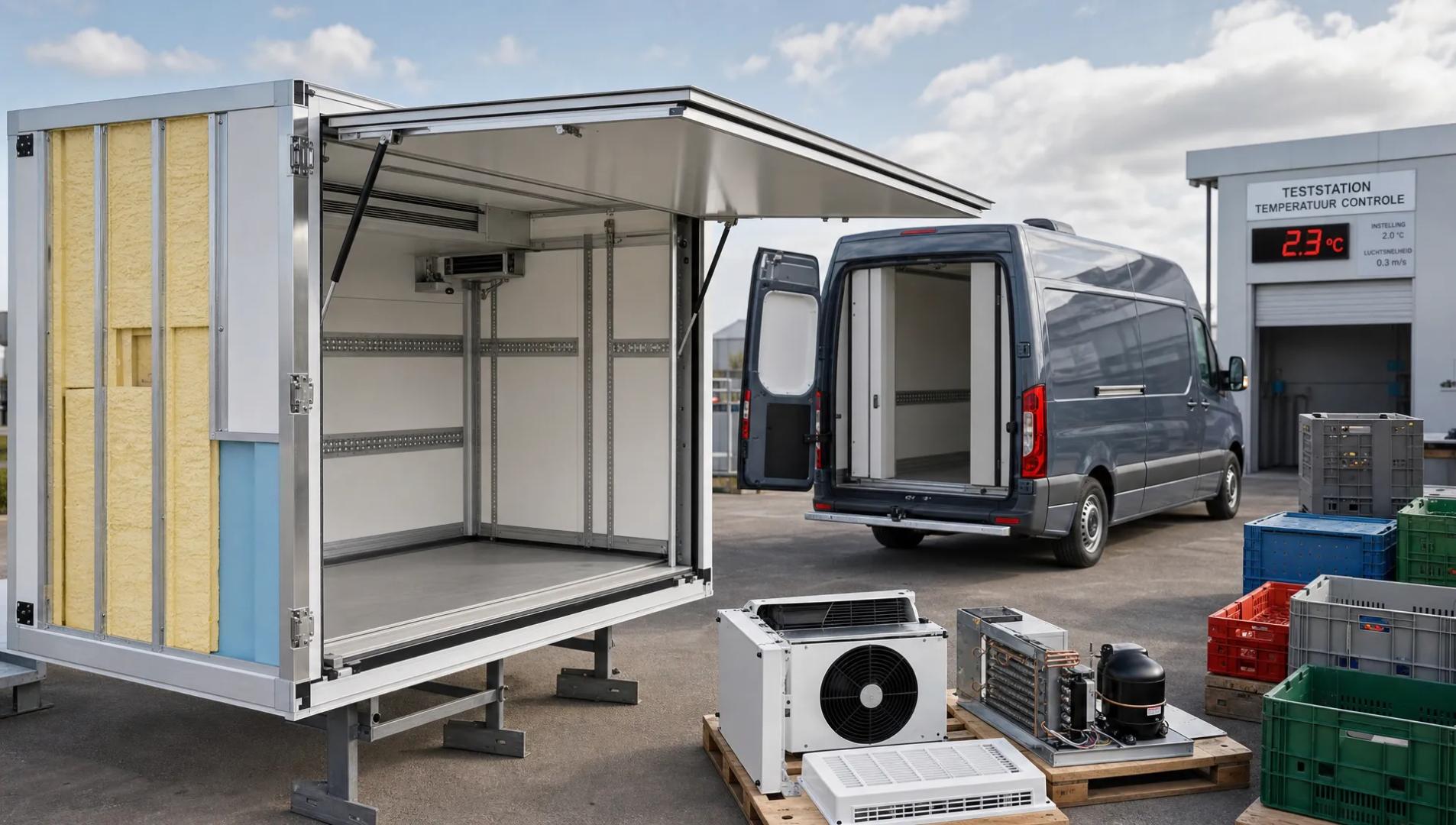 Een brede buitenopname van een geïsoleerde laadopbouw in aanbouw naast een bestelwagen, met op de voorgrond een open zijpaneel, zichtbare wandisolatie en een nette koelunit in losse componenten. Op de achtergrond staat een eenvoudig laad- en testgebied met een temperatuurdisplay en enkele gestapelde transportkratten, zodat het beeld gaat over hoe laadbak, koeling en indeling samen worden opgebouwd voor geconditioneerd transport. Geen personen in beeld; de sfeer is technisch en praktisch, met nadruk op maatwerk, temperatuurbeheersing en dagelijkse inzetbaarheid.