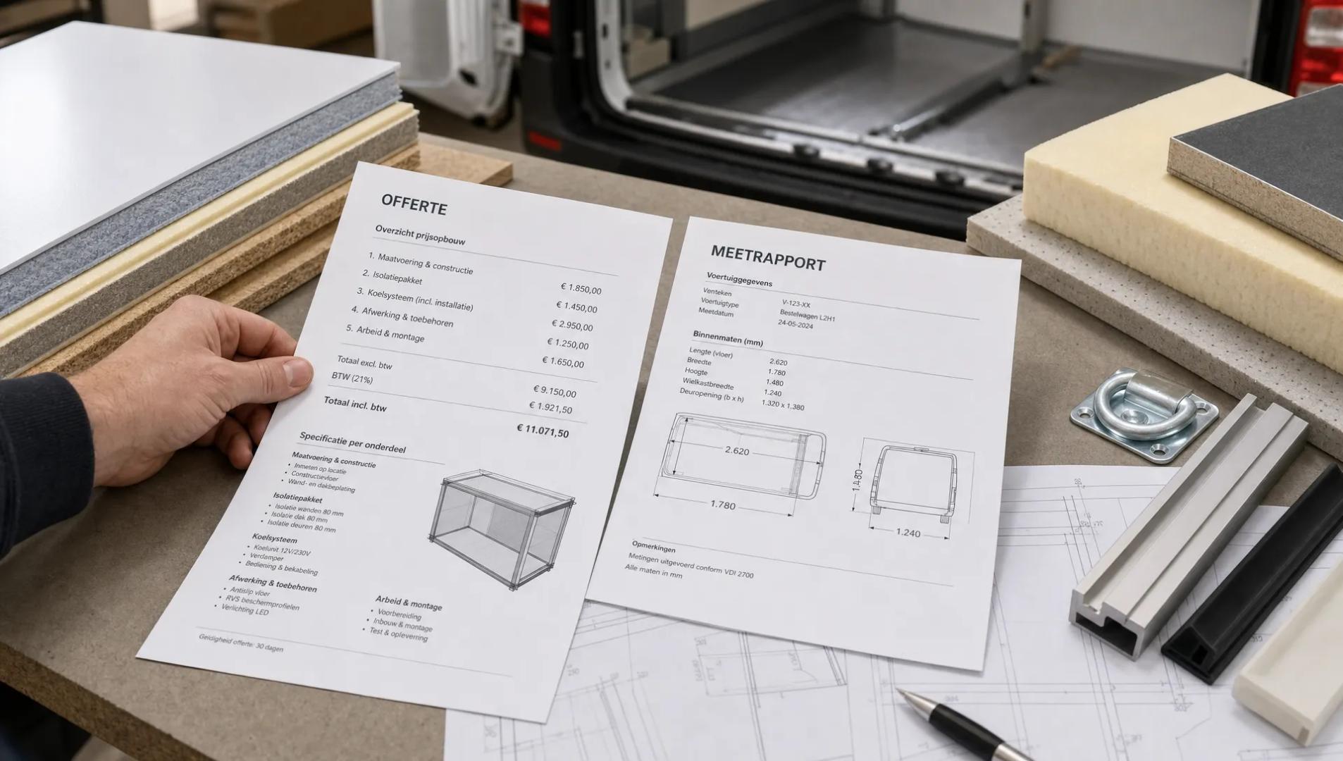 Een brede close-up van een hand die een offerteblad en een meetrapport naast een set isolatiematerialen en technische schetsen legt op een werkbank, met op de achtergrond subtiel een open laadruimte van een bestelwagen. Het beeld draait om de prijsopbouw van een koelwagenombouw en laat zien dat kosten afhangen van maatvoering, isolatie, koelkeuze en afwerking, zonder een standaard werkplaatsscène of voertuig als hoofdonderwerp.