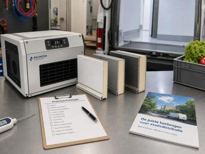 Koelpanelen, een temperatuurregelunit en een routechecklist laten zien hoe een koelwagen voor stadsdistributie wordt samengesteld.