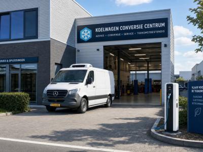 Bij een koelspecialist staat een bedrijfsbus klaar voor advies, ombouw en service rond gekoeld vervoer.