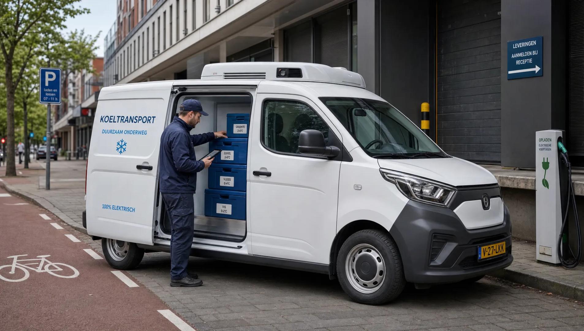 Een elektrische koelbestelwagen staat bij een stadslaadplek terwijl een chauffeur kratten controleert voor gekoelde bezorging.