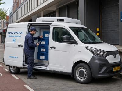 Een elektrische koelbestelwagen staat bij een stadslaadplek terwijl een chauffeur kratten controleert voor gekoelde bezorging.