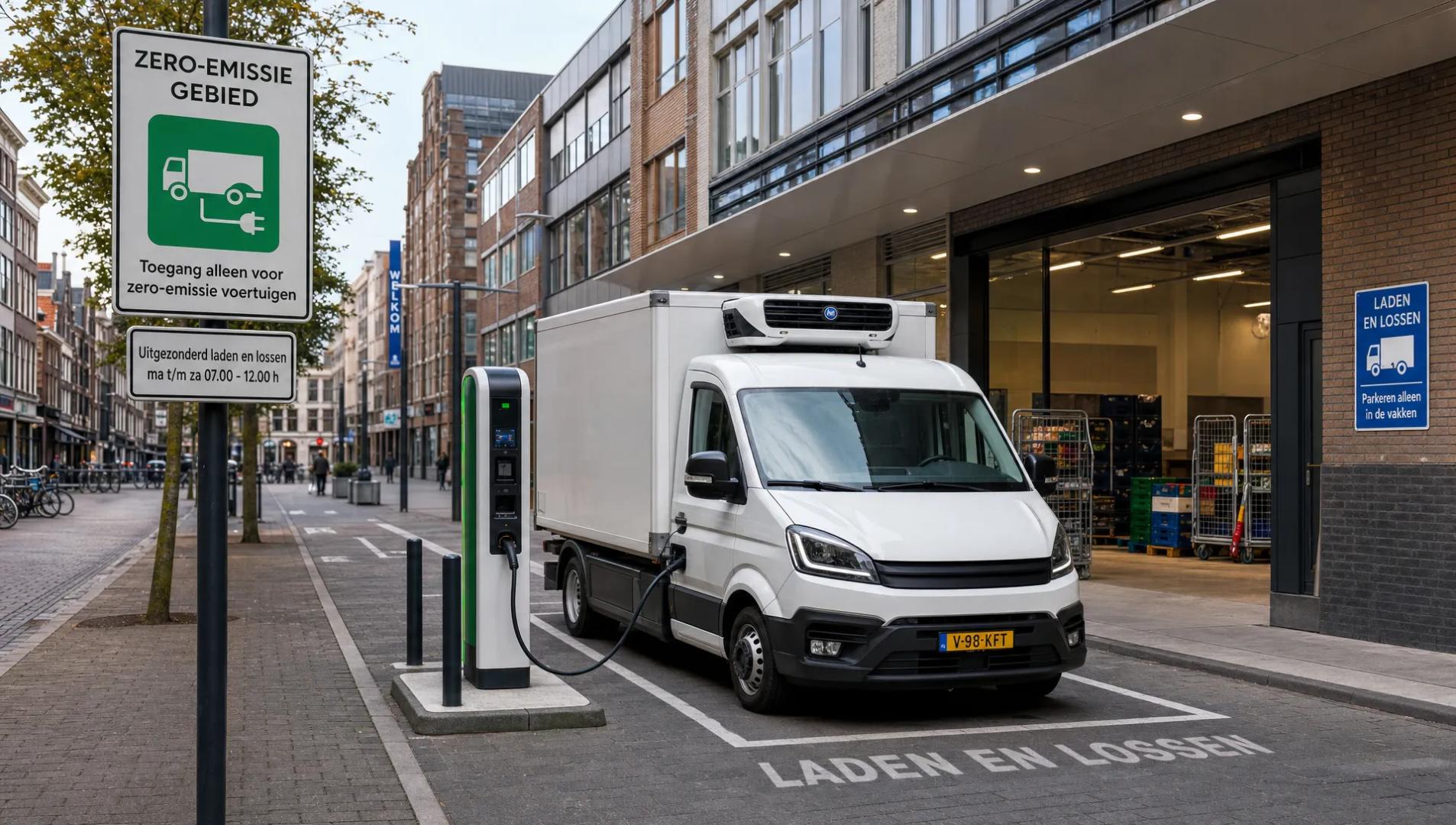 Een brede locatie-opname van een binnenstedelijke laad- en loszone met een duidelijk zichtbaar bord voor zero-emissiegebied, een laadpaal voor bedrijfsvoertuigen en een compacte gekoelde bestelwagen die klaarstaat voor distributie. De focus ligt op de stadse logistieke omgeving en de praktische uitdaging om koelvervoer binnen nieuwe toegangsregels te organiseren, zonder werkplaats- of adviesscène.