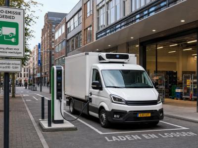 Een brede locatie-opname van een binnenstedelijke laad- en loszone met een duidelijk zichtbaar bord voor zero-emissiegebied, een laadpaal voor bedrijfsvoertuigen en een compacte gekoelde bestelwagen die klaarstaat voor distributie. De focus ligt op de stadse logistieke omgeving en de praktische uitdaging om koelvervoer binnen nieuwe toegangsregels te organiseren, zonder werkplaats- of adviesscène.