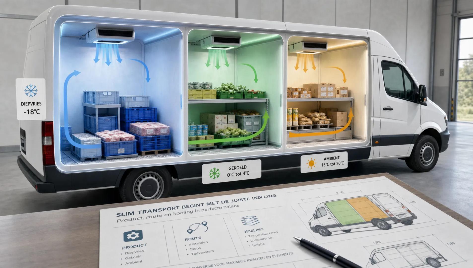 Een koelopbouw met gescheiden ladingzones laat zien hoe product, route en temperatuur op elkaar moeten aansluiten.