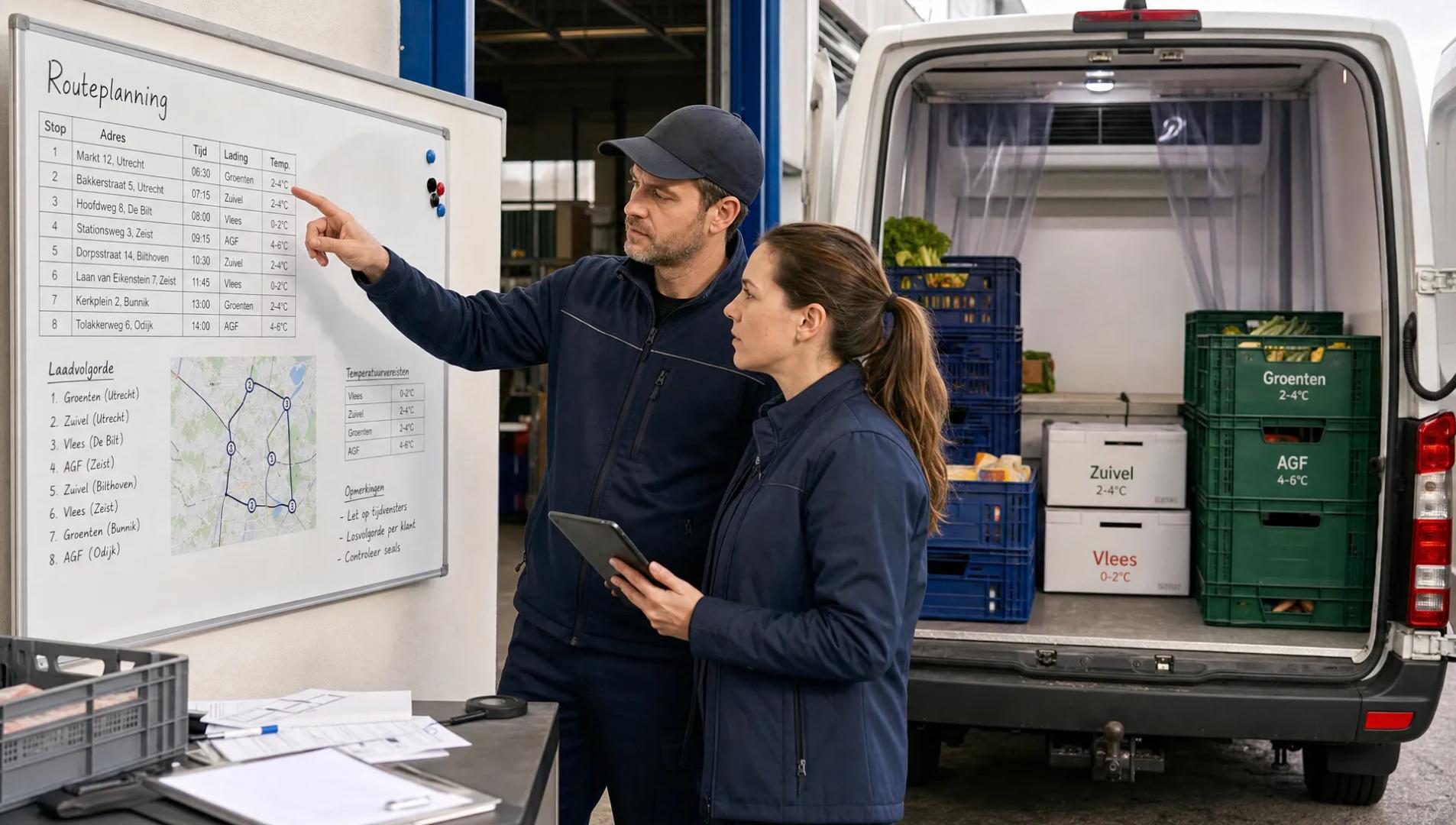 Een chauffeur en planner bespreken een koelwagenroute naast de open laadruimte met kratten.