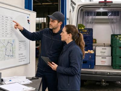 Een chauffeur en planner bespreken een koelwagenroute naast de open laadruimte met kratten.