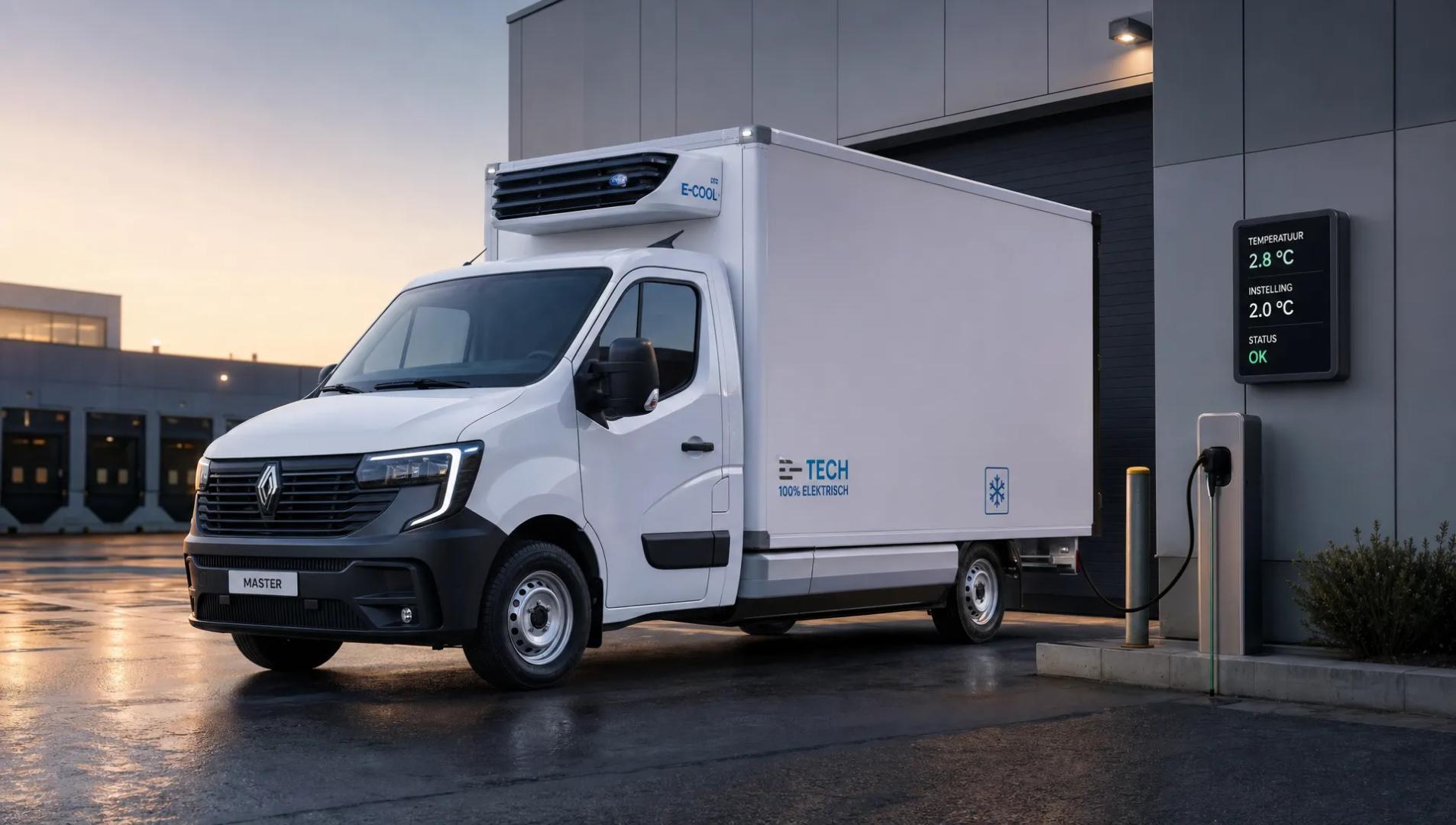 Een brede conceptuele buitenopname van een Renault Master als koelwagen op een logistiek terrein bij schemerlicht, met de nadruk op de combinatie van geïsoleerde opbouw, elektrische koeling en betrouwbare inzet. De wagen staat gesloten en klaar voor vertrek naast een compact laadpunt en een subtiele temperatuurmonitor, zodat het beeld vooral gaat over toekomstbestendig geconditioneerd transport zonder werkplaats- of adviesscène. Geen personen in beeld, met een rustige zakelijke sfeer en duidelijke focus op de complete koeloplossing.