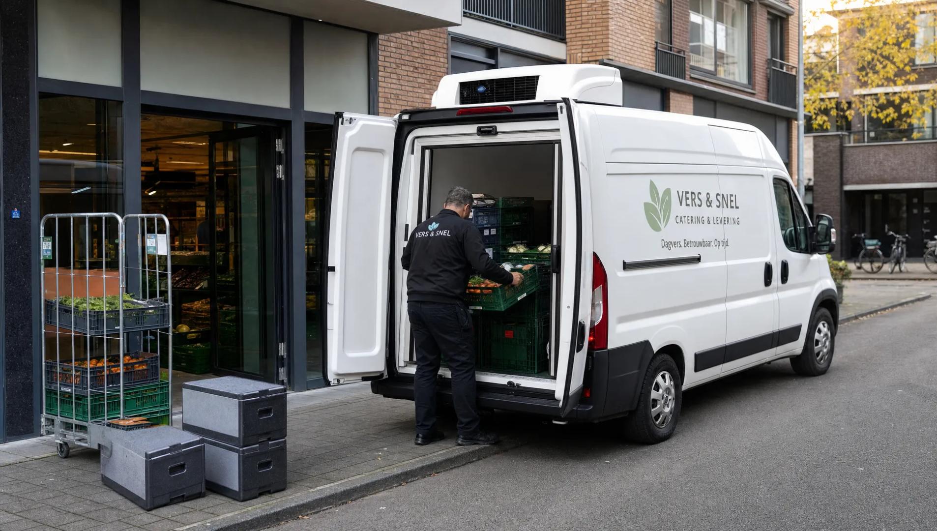Voor een winkel laadt een koelwerkbus verse kratten voor dagelijks gekoeld vervoer aan de stoeprand.