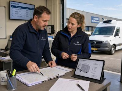 Een fleetmanager en koelenspecialist bespreken route en koelkeuze naast documenten in een logistiek kantoor.