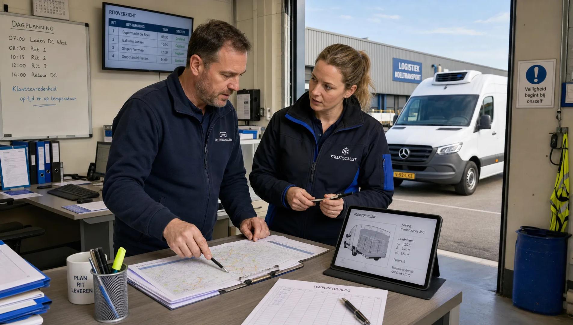 Een fleetmanager en koelenspecialist bespreken route en koelkeuze naast documenten in een logistiek kantoor.
