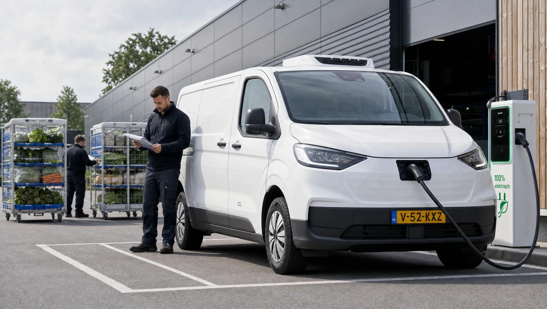 Een brede buitenopname van een elektrische bestelwagen in stedelijke distributie, geparkeerd bij een laadpunt aan de rand van een magazijnzone. Op de achtergrond staan een paar koelkarren met verse producten en een tweede medewerker die een routecheck doet op een papieren planner naast de wagen. De laadruimte is gesloten, zodat de focus ligt op de combinatie van elektrisch rijden, gekoeld transport en dagelijkse inzetbaarheid voor korte leveringen.