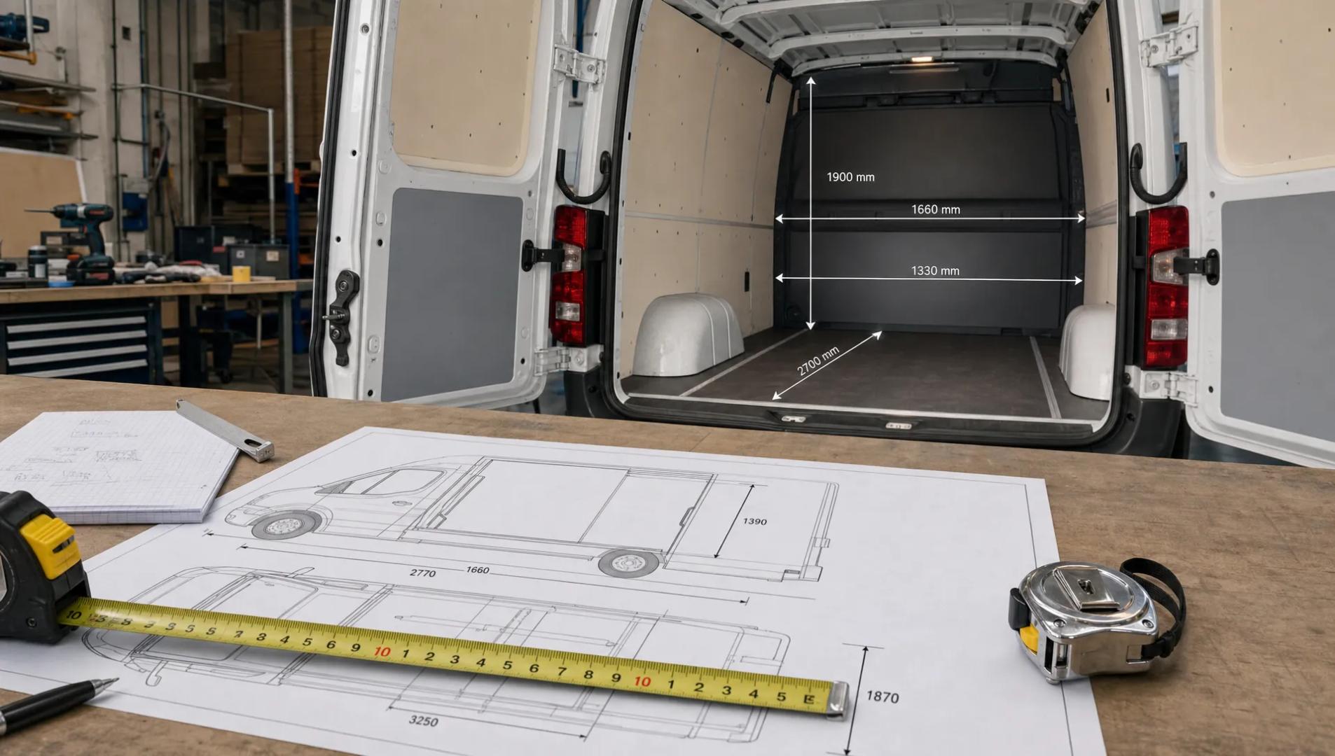 Een brede, rustige binnenopname van een meet- en adviesmoment in een werkplaats, met een plattegrondtekening van een bestelbus op een tafel, meetlint en stalen rolmaat op de voorgrond, en een open laadruimte op de achtergrond waar de binnenmaten en isolatieruimte goed zichtbaar zijn. De nadruk ligt op het bepalen van de juiste afmetingen voor koelombouw, niet op het voertuig als operationele levering. Geen personen als hoofdmotief, wel een technische en conceptuele sfeer rond maatvoering, laadvermogen en praktische indeling.