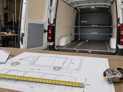 Een brede, rustige binnenopname van een meet- en adviesmoment in een werkplaats, met een plattegrondtekening van een bestelbus op een tafel, meetlint en stalen rolmaat op de voorgrond, en een open laadruimte op de achtergrond waar de binnenmaten en isolatieruimte goed zichtbaar zijn. De nadruk ligt op het bepalen van de juiste afmetingen voor koelombouw, niet op het voertuig als operationele levering. Geen personen als hoofdmotief, wel een technische en conceptuele sfeer rond maatvoering, laadvermogen en praktische indeling.