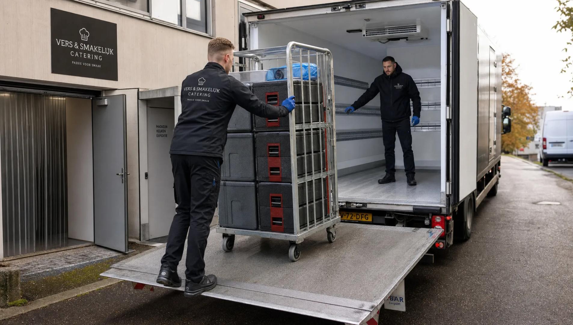 Een chauffeur en medewerker lossen gekoelde rolcontainers via de laadklep bij een cateringlocatie.