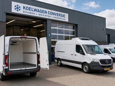 Meerdere koelwagens staan bij een ombouwbedrijf met één geopende laadruimte, passend bij de keuze voor een koelwagen te koop.