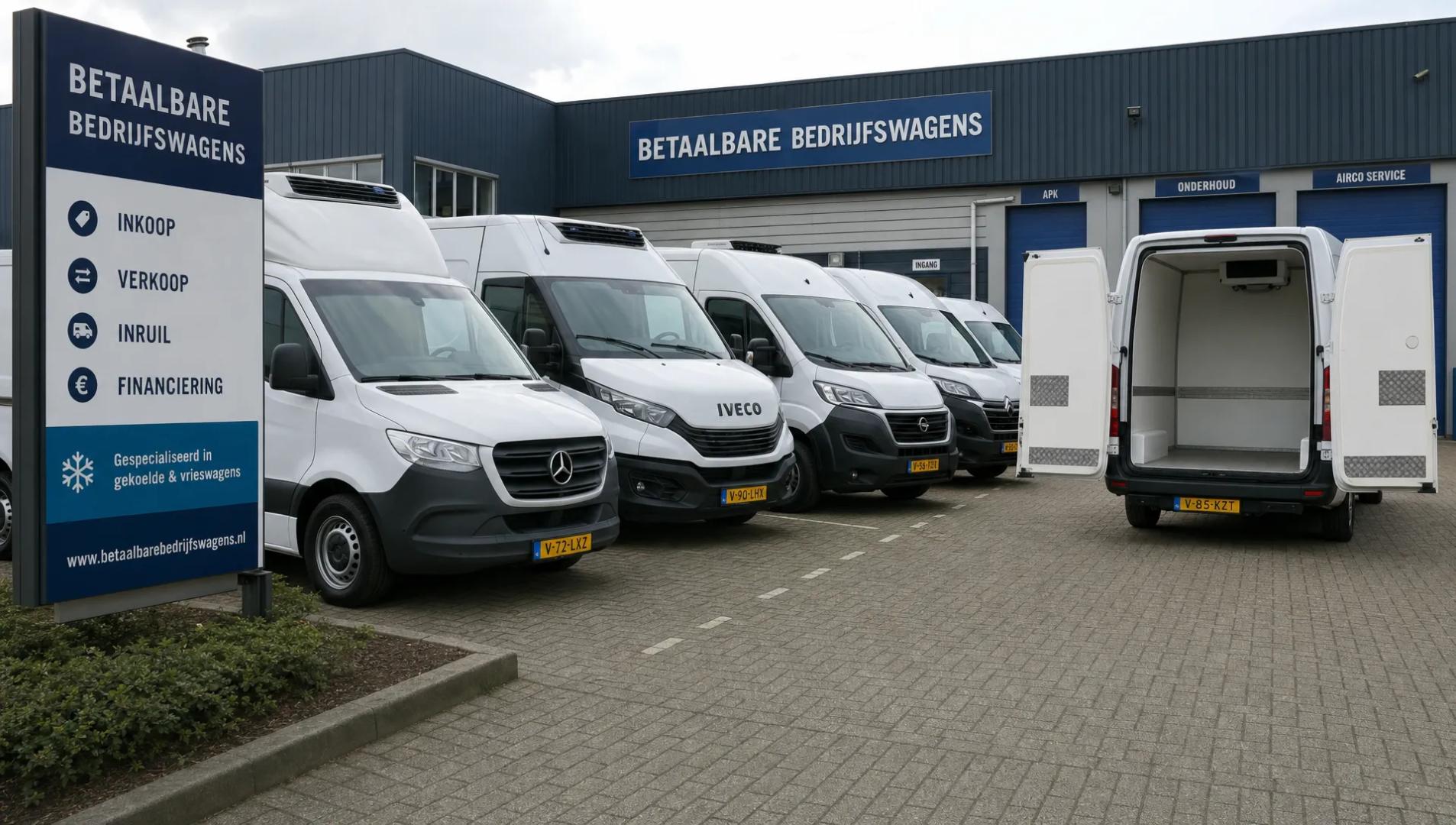 Een verkoopterrein met tweedehands koelwagens laat zien waar je een gebruikte koelwagen kunt kiezen en inspecteren.
