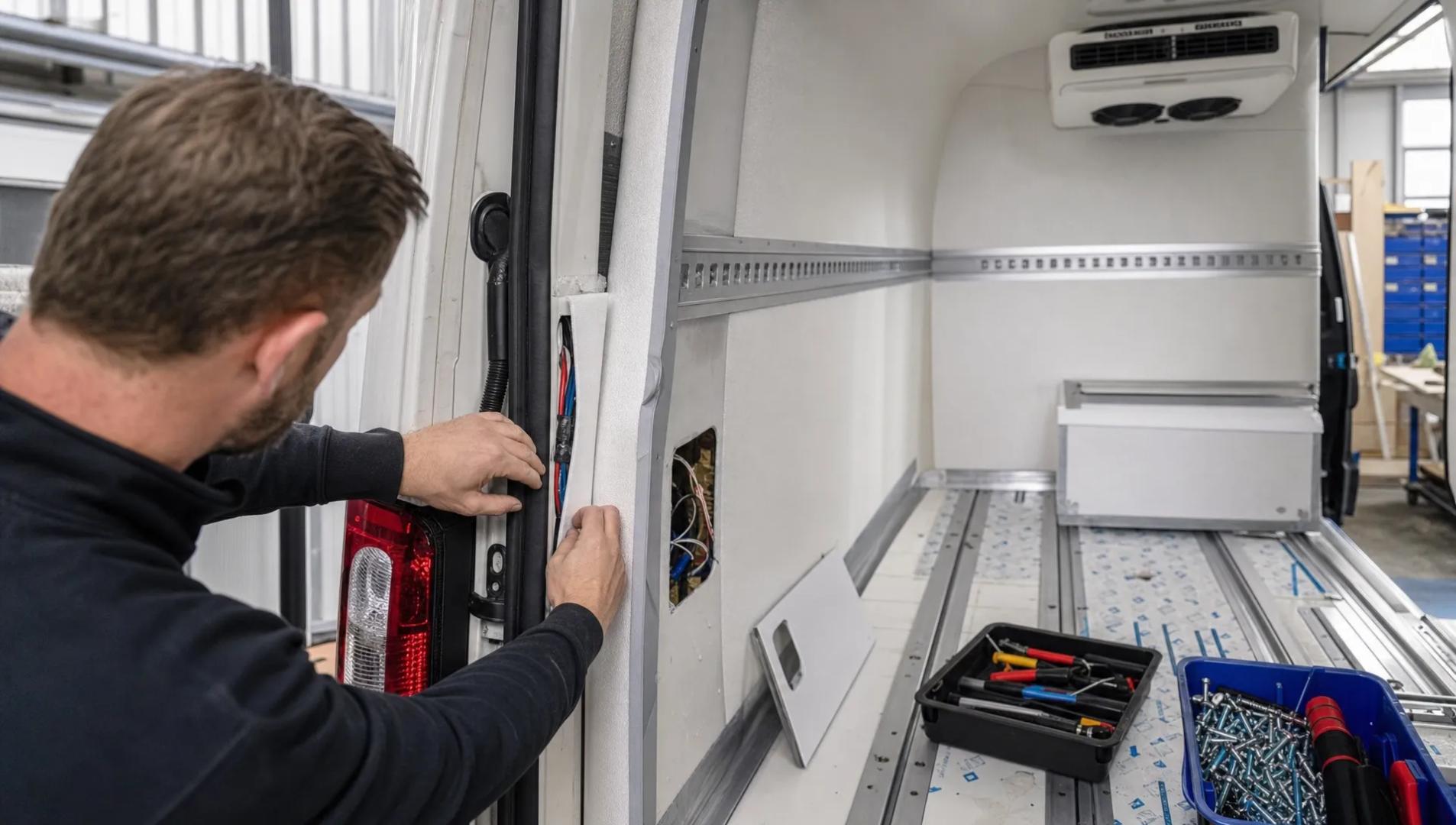 Technische handen werken aan de isolatie en bekabeling van een koelwagen in opbouw.