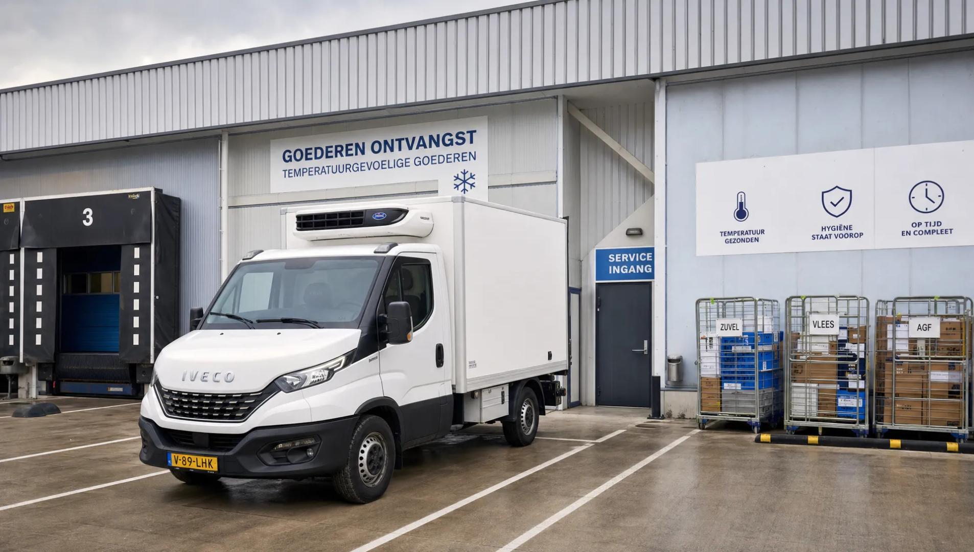 An IVECO Daily koelwagen stands at a logistics yard beside loading bays and a service entrance.