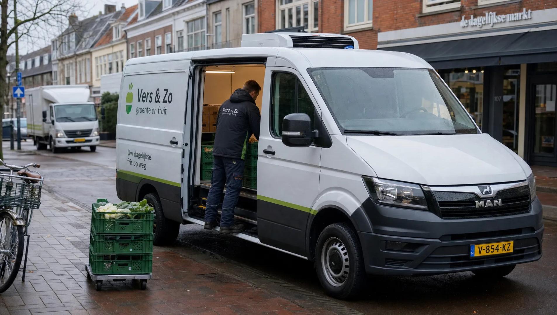 A MAN bestelwagen loads chilled crates at a city curbside, showing everyday refrigerated delivery use.