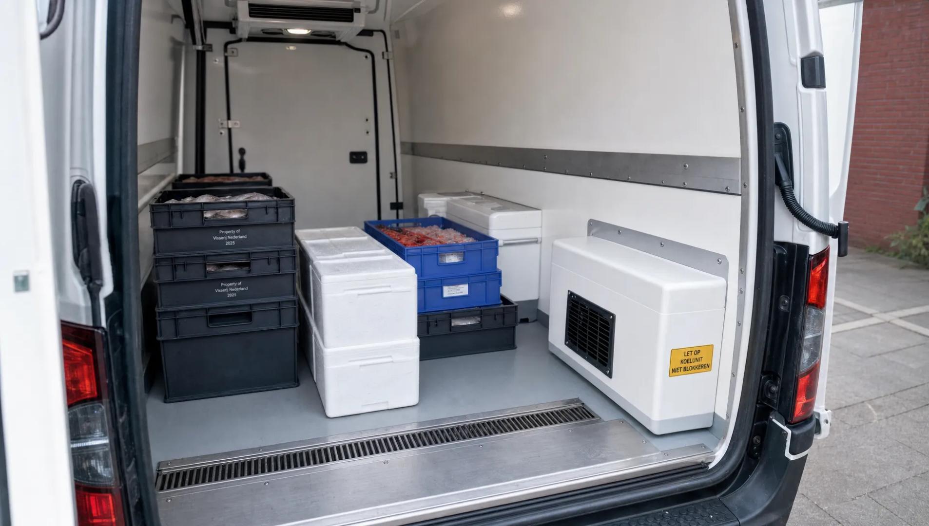 Een koelbestelwagen van binnen met geïsoleerde wanden, gekoelde kratten en een compacte koelunit voor betrouwbaar transport.