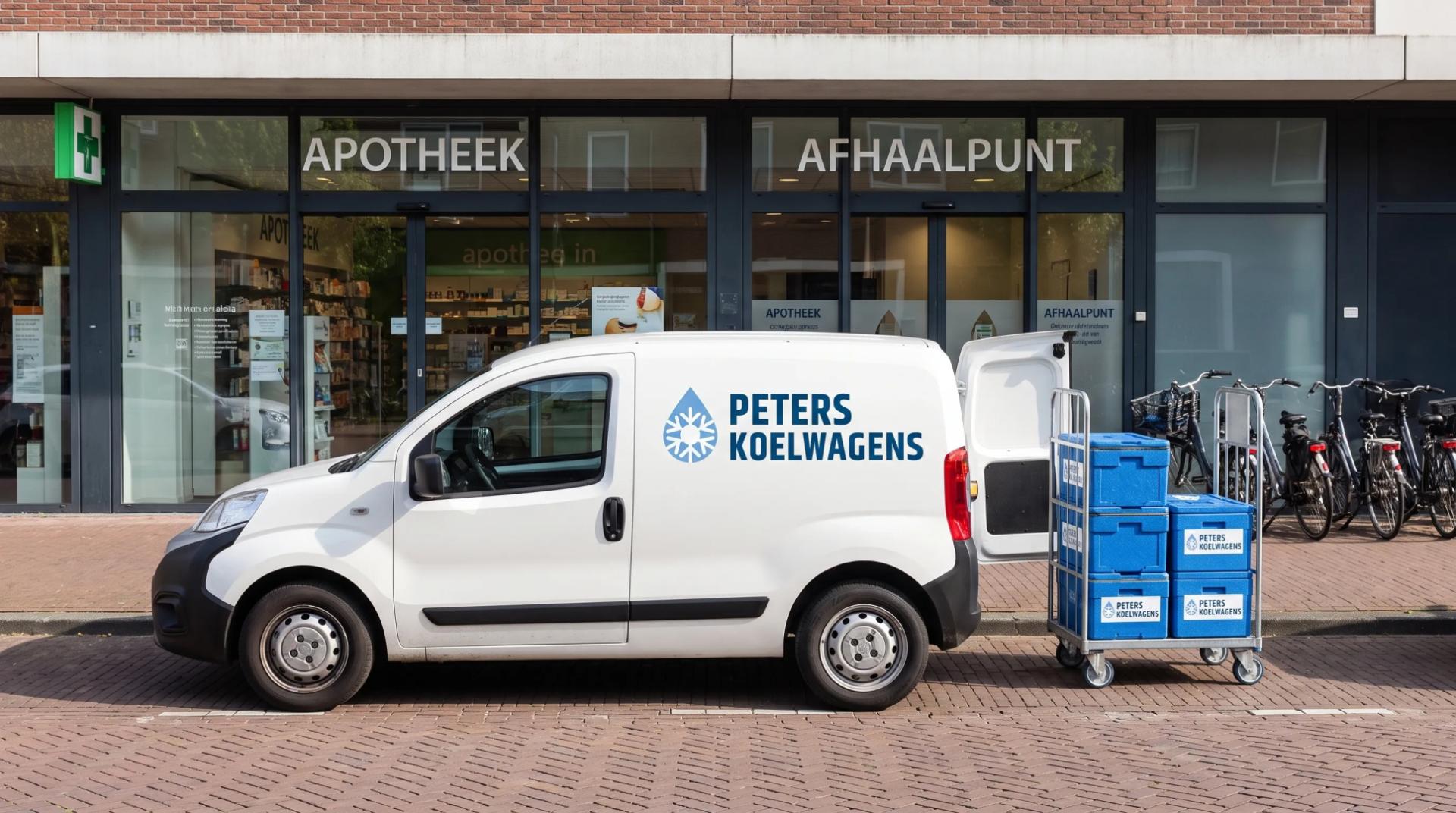 Een compacte koelbus staat bij een apotheek en afhaalpunt met kratten voor gekoelde bezorging in de buurt.