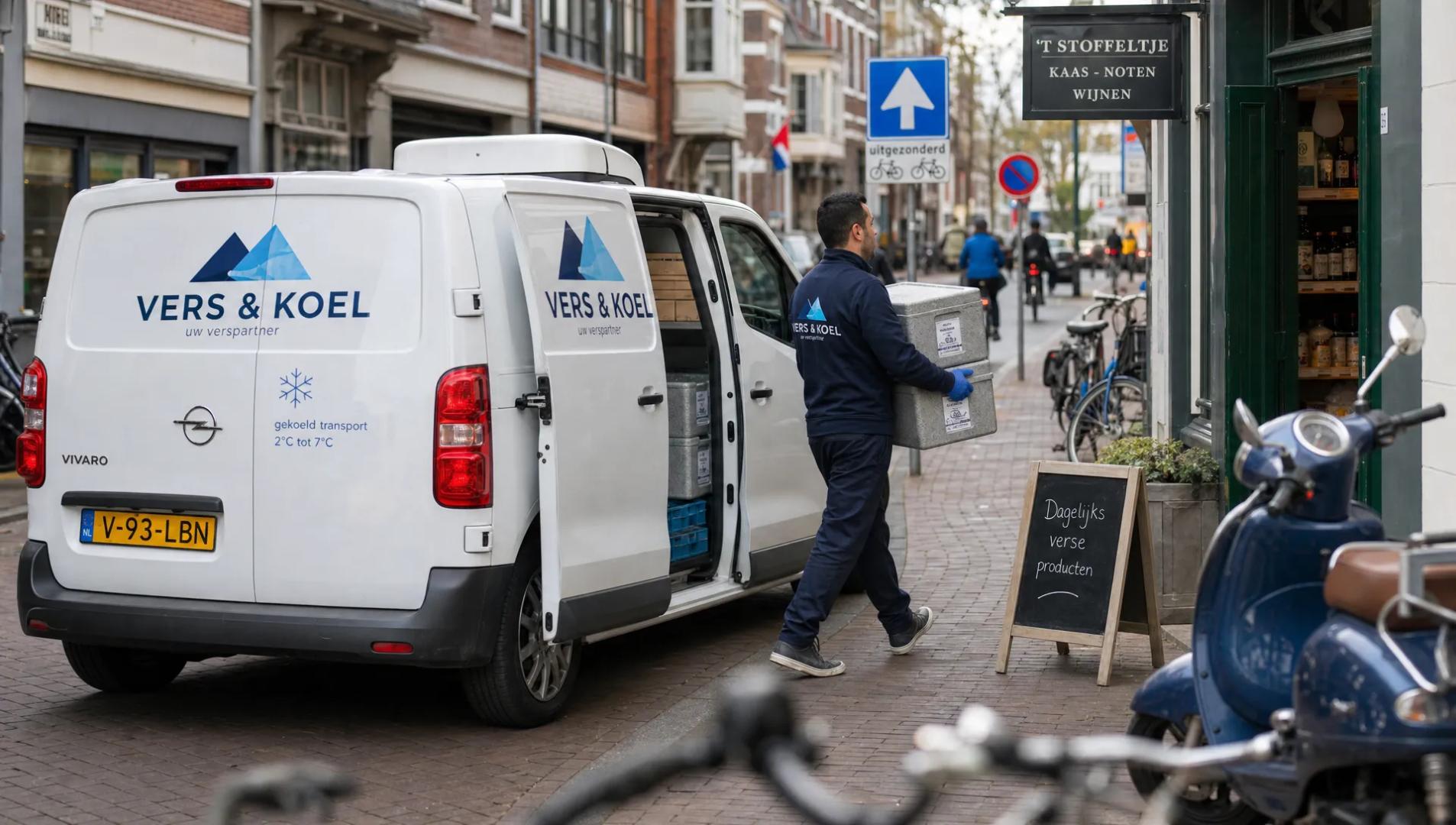 Een compacte koelwagen staat aan een stadsstoep terwijl een chauffeur gekoelde kratten naar een winkel brengt tijdens een drukke stadsroute.