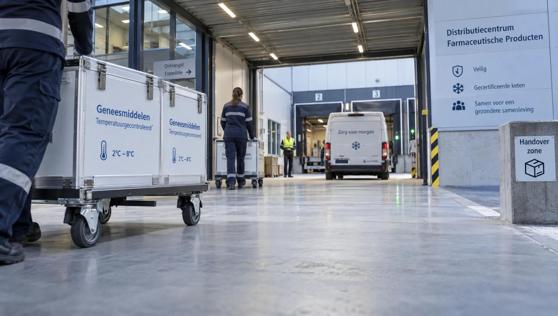 Een gekoelde bestelbus staat bij de overdekte laadzone van een distributiecentrum waar afgesloten farmaceutische zendingen worden overgedragen.