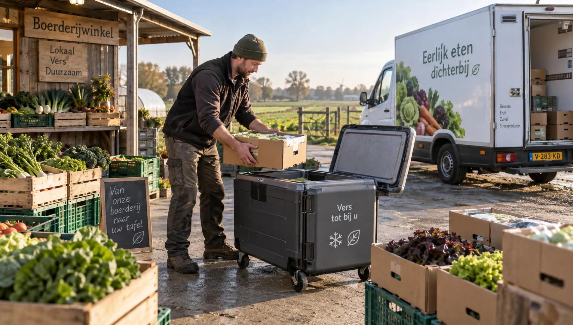 Een ondernemer verzamelt groentekratten bij een boerderijwinkel voor vervoer in een koel-vrieswagen met verschillende temperatuurzones.