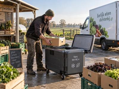 Een ondernemer verzamelt groentekratten bij een boerderijwinkel voor vervoer in een koel-vrieswagen met verschillende temperatuurzones.