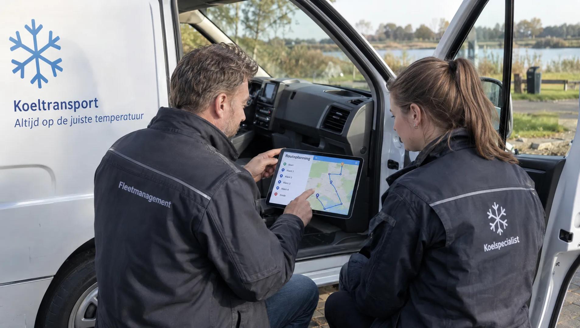 Een wagenparkbeheerder bespreekt met een koelspecialist een routeplan naast een bestelwagen met koelombouw.