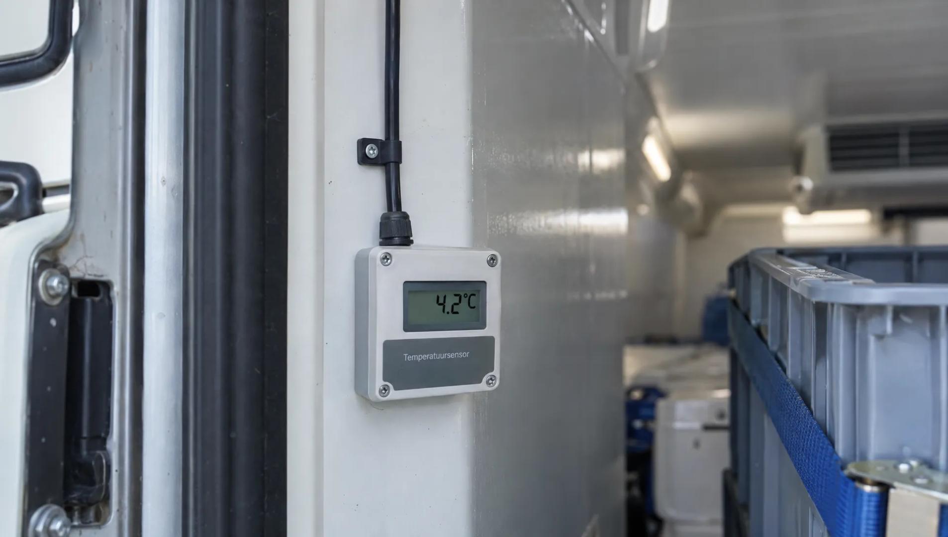 Een temperatuursensor aan de geïsoleerde wand van een elektrische koelbus meet de omstandigheden naast een gezekerde transportkrat.