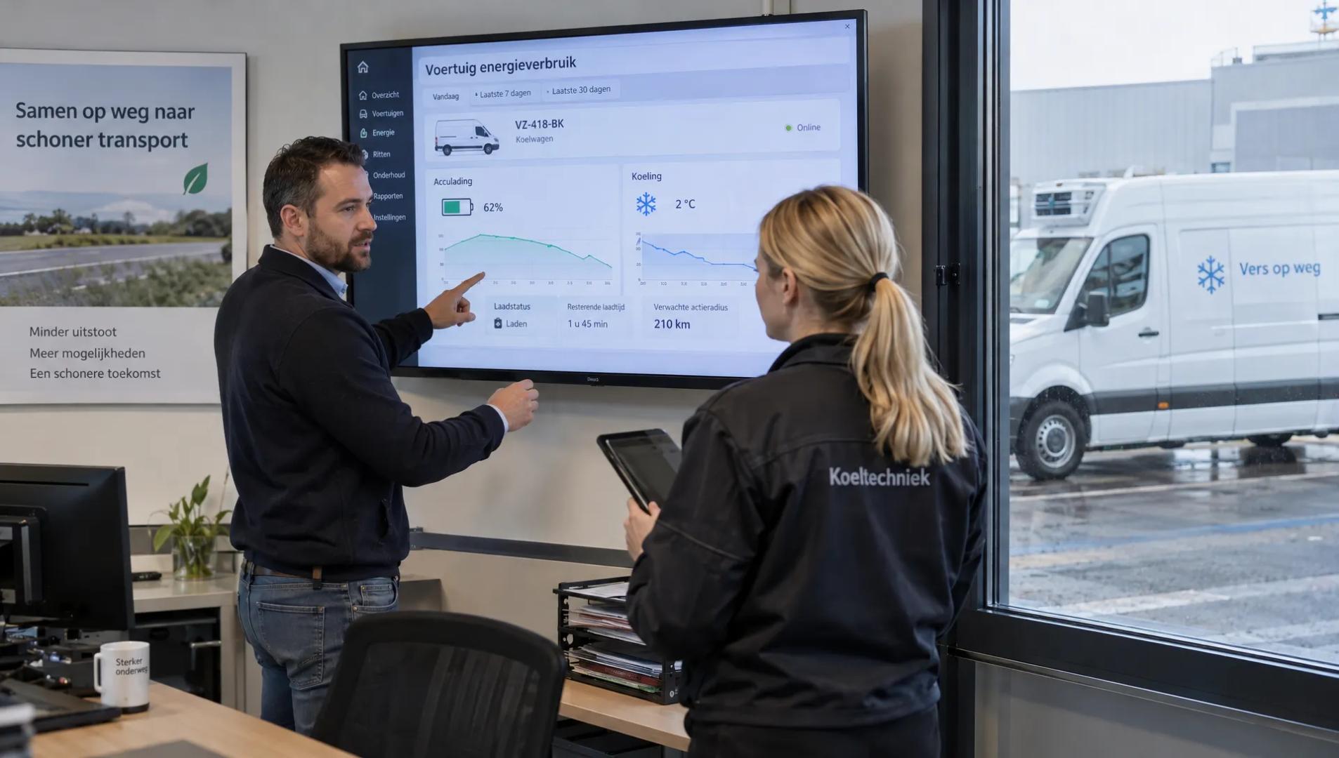 Een wagenparkbeheerder en monteur bespreken de energiebehoefte van een elektrische koelbus.