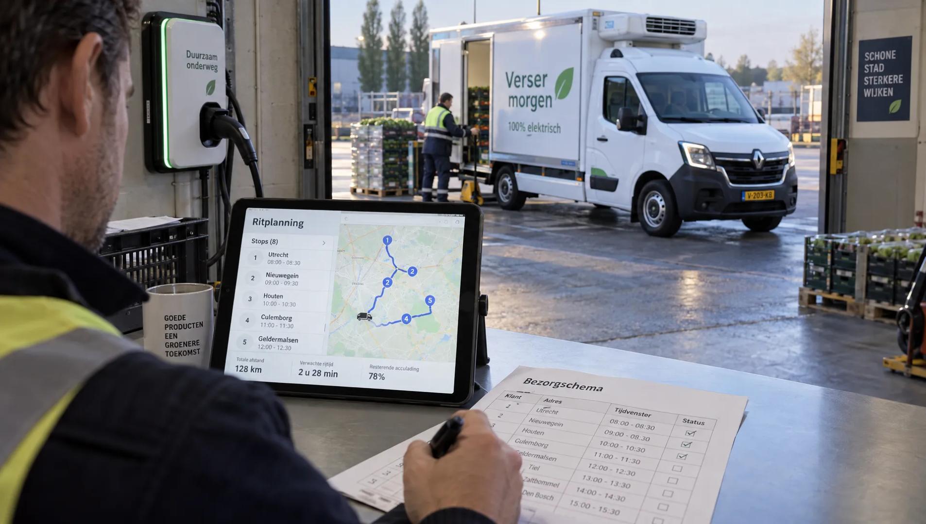 Een planner bereidt een route voor naast een laadstekker, terwijl een elektrische koelwagen klaarstaat bij de distributiehal.