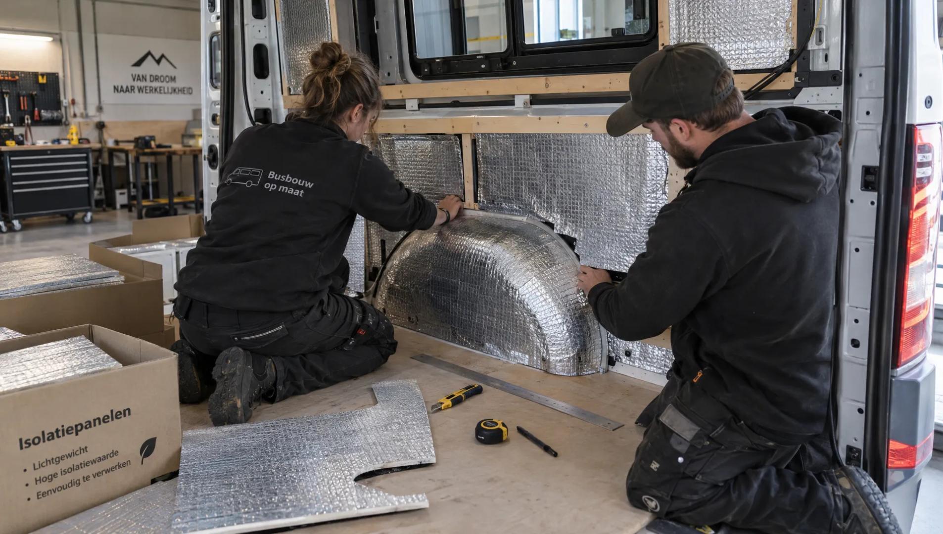 Technici passen isolatiepanelen rond de wielkast van een bestelwagen tijdens de voorbereiding van een koelombouw.